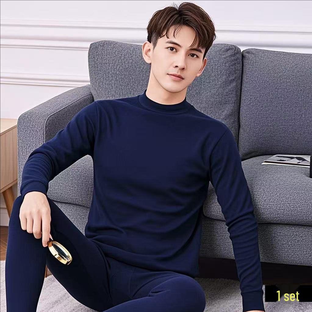 Men's Pure Cotton Thermal Underwear Set: High Neck Top & Bottoms for Cold Protection and Quick Warmth