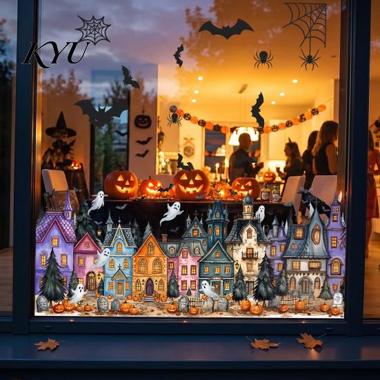Holiday Party Window Accents Halloween Clings, Pumpkins Skeletons Ghosts And Bats Print Decorative Skeleton Wall Decals Decals, Electrostatic