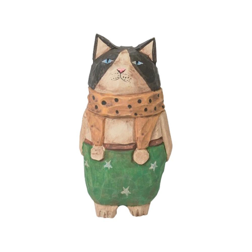 Cartoon Wood Carving Cat Ornament Handmade Hand Engraving Cat Decorations Gift Giving
