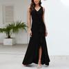 Sexy Slit Ruffled Sleeveless Evening Women's Dresses Fashionable V Neck Slim Pleated Elegant Female Maxi Long Dress
