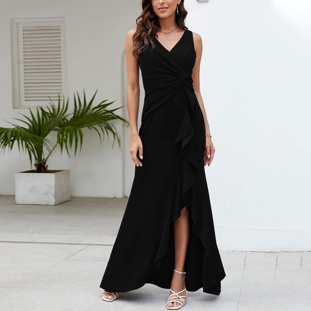 Sexy Slit Ruffled Sleeveless Evening Women's Dresses Fashionable V Neck Slim Pleated Elegant Female Maxi Long Dress