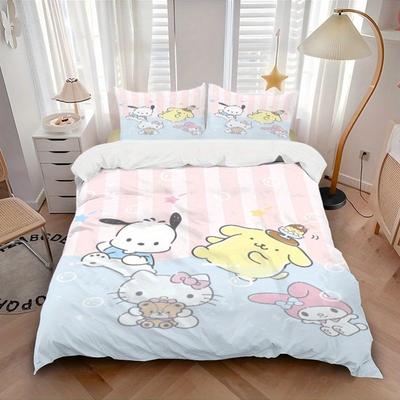3pcs HelloKitty My Melody POCHACCO POMPOMPURIN Bedding Set - 1 Soft Quilt Cover + 2 Pillowcases, Machine Washable - Suitable for All Seasons