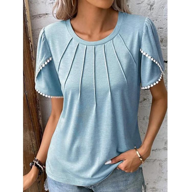 

Повседневная мода женские блузки с коротким рукавом, круглым вырезом, однотонные, с принтом, весенне-летние рубашки M синий