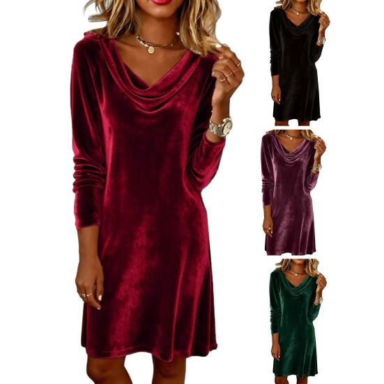Women's Velvet Cowl Neck Mini Dress Long Sleeve Party Cocktail Dress Retro Velour Wedding Guest Dress