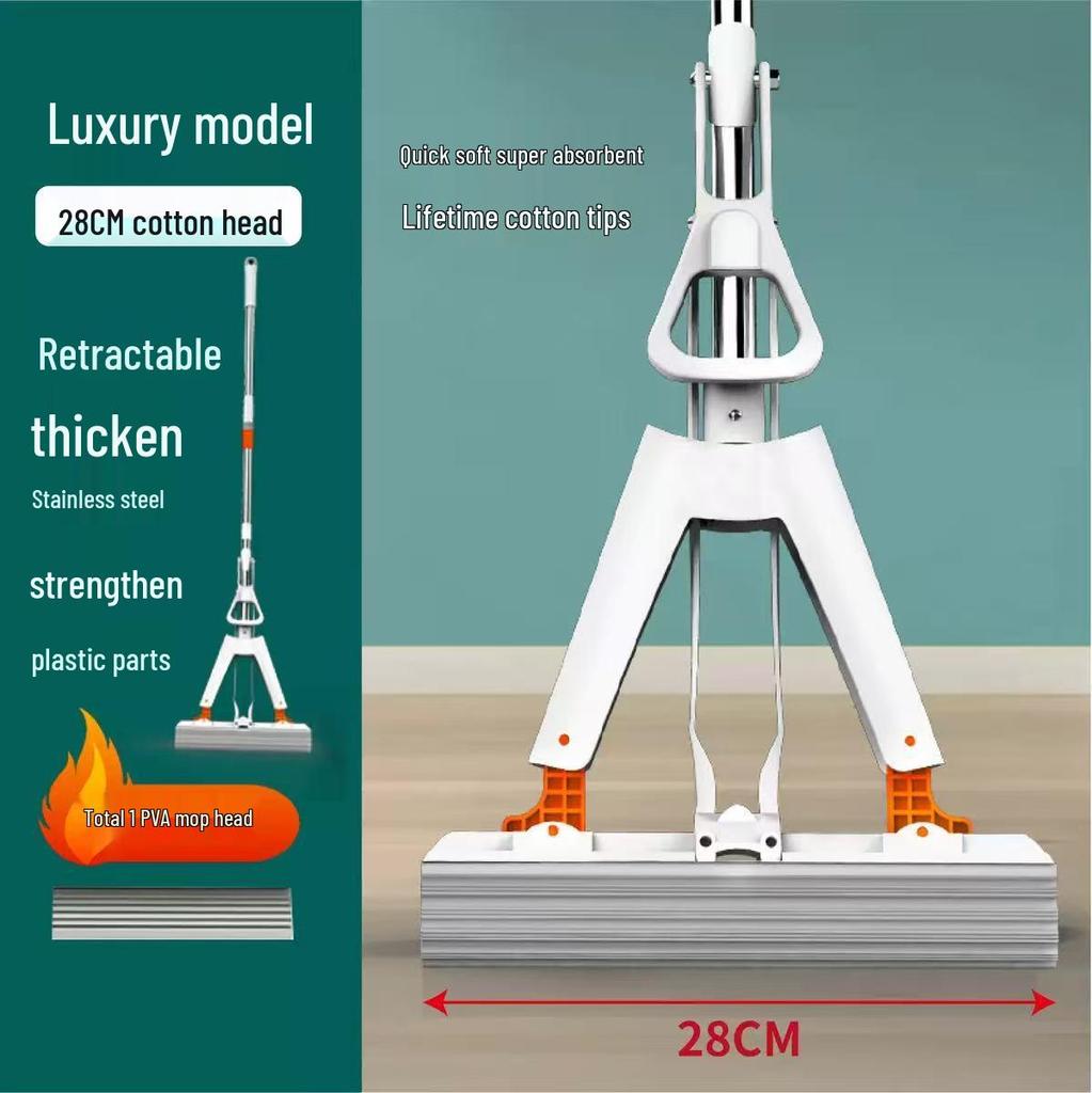 Sponge Absorbent PVA Foldable Mop, Hands-Free Wet & Dry Dual-Use, One-Wipe Clean