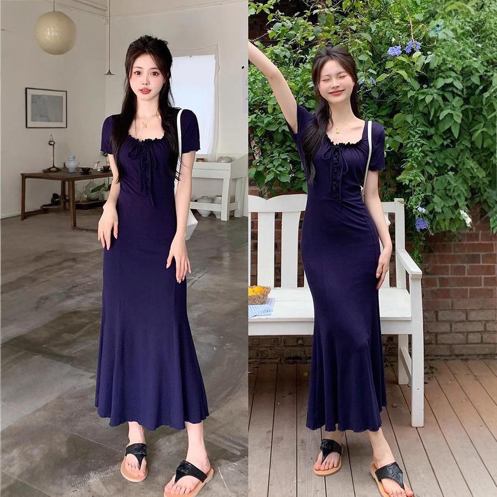 Navy Blue Retro Slim Fit Midi Dress - Summer 2025 Collection