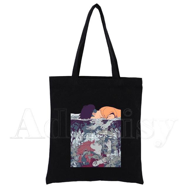 Ponyo Canvas Negru Geantă pentru cumpărături Geantă reutilizabilă din pânză de umăr Geantă de carte Cadou