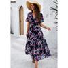 Abito Maxi da Donna Scollo a V Manica Corta Stampa Floreale Vita Alta Linea ad A Elegante Casual