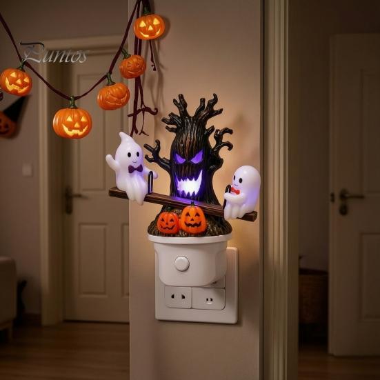 Soft Glow Night Light Halloween Light, Plug-in Resin Seesaw Ghost And Dead Tree Indoor Lighting Lamp, Waterproof Spooky Decor for Bedroom, Party