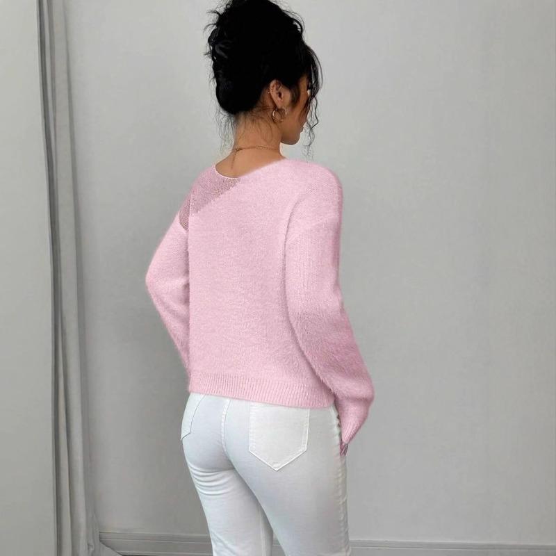 Pink Pullover Crew Neck Loose Knitted Sweater Women's Seamless Lazy Sweater