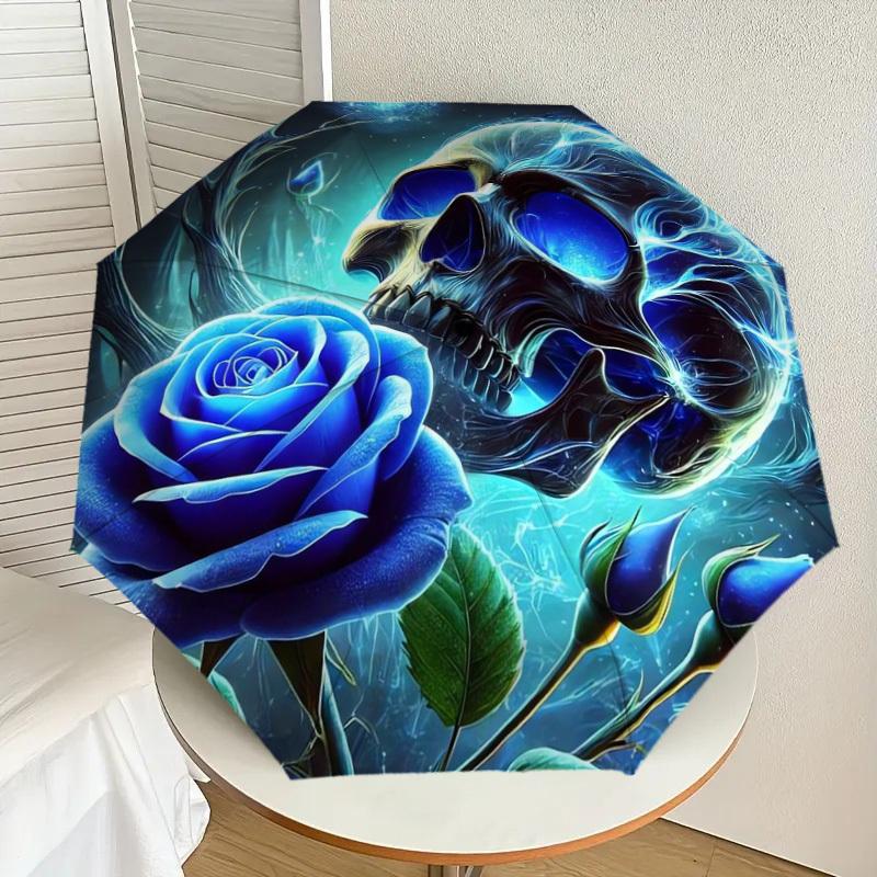 

1pc Blue Rose Skull Artwork Umbrella with Plastic Handle,Suitable for All Seasons Home Travel Outdoor UmbrellaDD1532