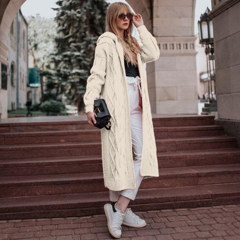 Pull Cardigan pour Femme Nouveau Style Couleur Unie à Capuche Long Ample Tricot Torsadé Vêtements Femme