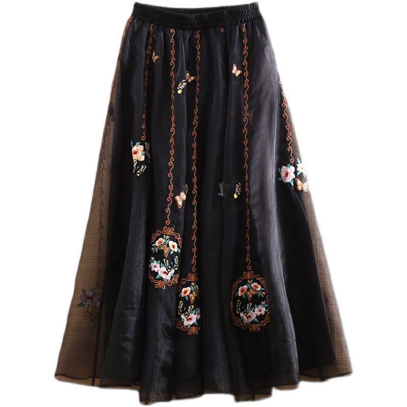 2023 Vintage Chinese Embroidered A-line Midi Skirt