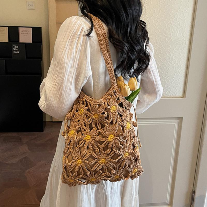 Yogodlns Neue vielseitige gewebte Stroh-Umhängetasche für Damen, handgefertigte gewebte Tasche mit Blumenmuster und Hohlmuster für Damen, Strandtasche für den Urlaub am Meer