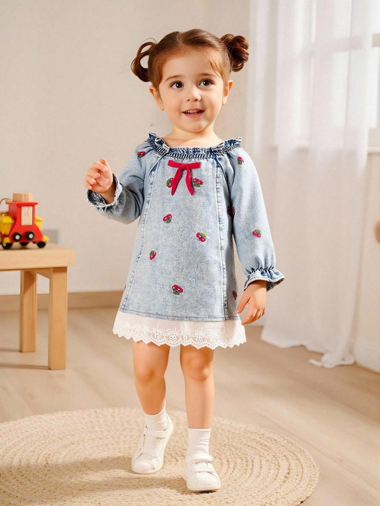 Girls Embroidered Denim Dress Ruffled Collar Bow Design Hollow Lace Hem Cute Casual Durable Soft Fabric Breathable for All Seasons Occasions