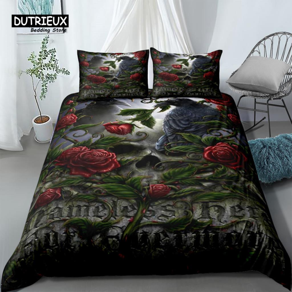 Hand Painting Crow Skull Duvet Cover Set, Bedding Set, Soft Comfortable Breathable Duvet Cover, For Bedroom Guest Room Decor