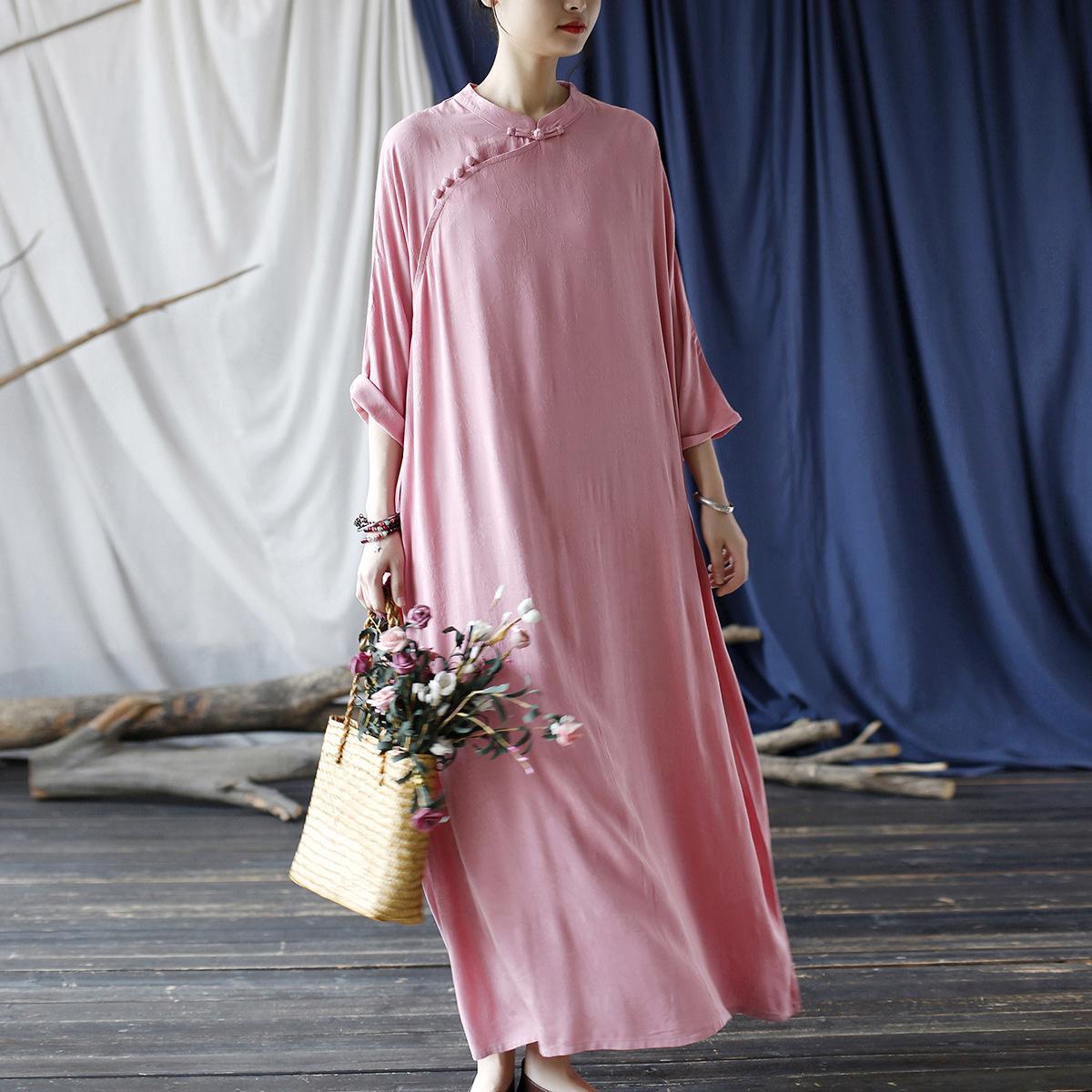 

Johnature Жіноча бавовняна м’яка сукня в китайському стилі з рукавом «летюча миша» Осінні халати Однотонна повсякденна вінтажна сукня трапеції S