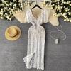 Summer Women Elegant Luxury Beading Lace Crochet Flower Slim Long Maxi Bodycon Pencil Party Dresses