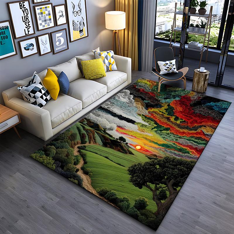 Colorful Landscape Carpet with Sunset, Fields, Pathway, and Trees Suitable for use as an anti-slip for living room bedroom sofas