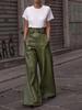 2026 High Waist Loose PU Leather Flared Pants with Pockets for Women