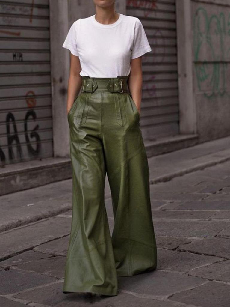 2026 High Waist Loose PU Leather Flared Pants with Pockets for Women