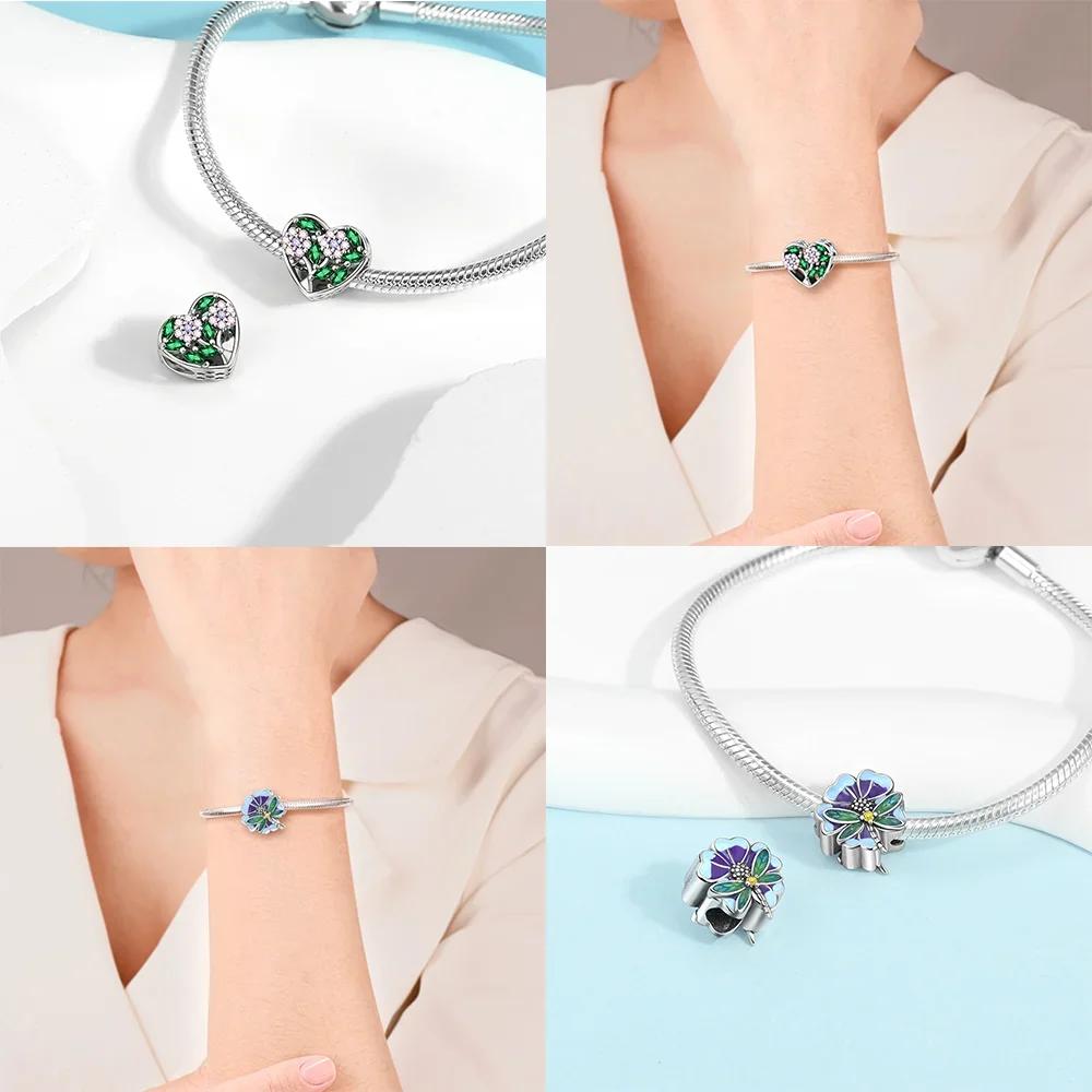 Authentic copper Flowers Pink Hearts Zircon Butterfly Green Dragonfly Charm Bead Charms Bead Compatible With Bracelets Diy Valentines Day Fine Gift