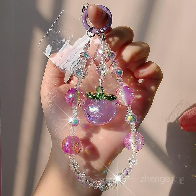 Handmade crystal mobile phone chain ins high sense light luxury women s wrist pendant peach pendant fashion purple- pendant gold foil crystal bead bracelet