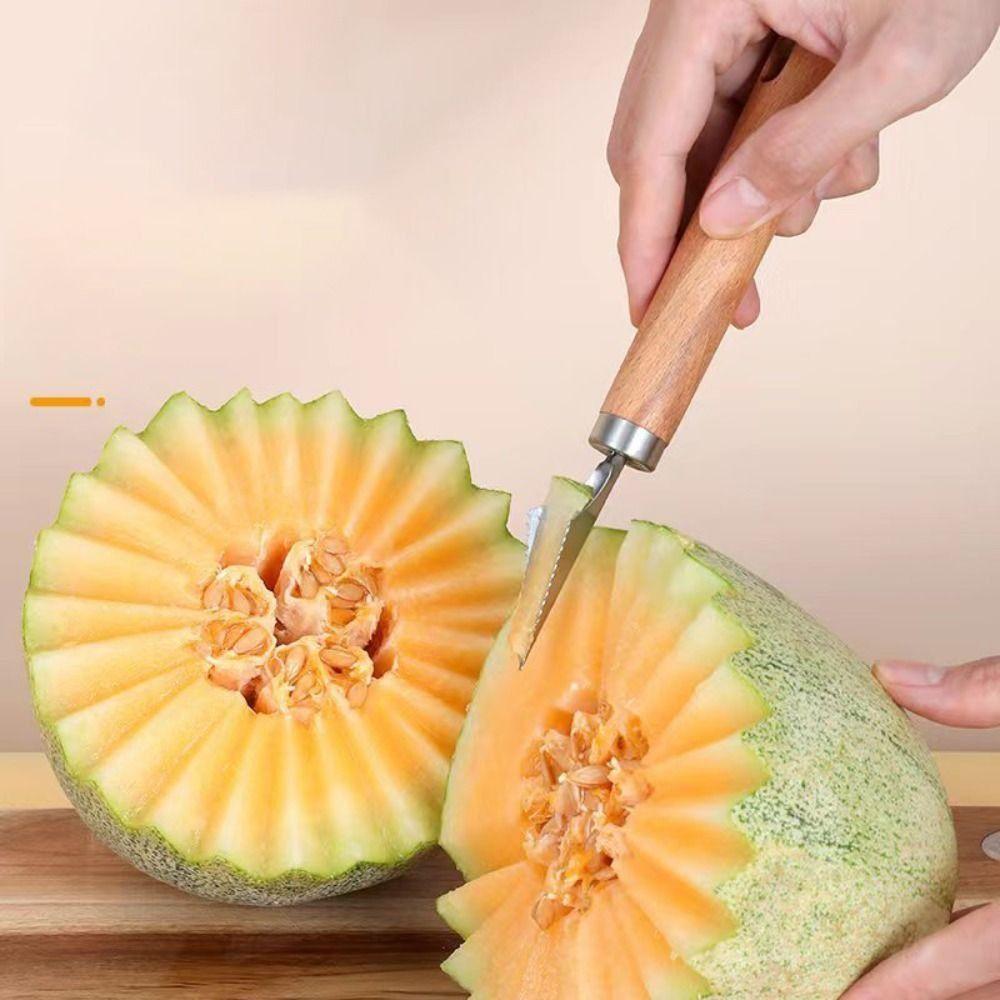 Wooden Handle Watermelon Scoop Stainless Steel Slicer Tools Multifunctional Fruit Scooper Kitchen