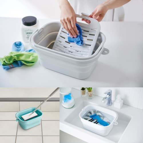 ISETO Foldable Soaking and Washing Bucket, White, 7L, 36.6cm W X 24.6cm D X 6.7-16cm H, Made In Japan, Bleach Compatible, Heat Resistant (100C), Incl