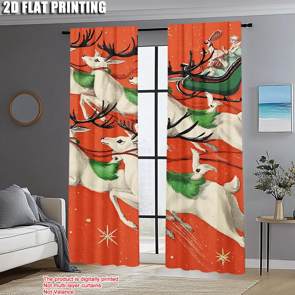 2pcs,2D Plane Printing Pattern Curtains Merry Christmas Santa Claus & Reindeer Durable 100% Polyester Fabric (without Rod) All