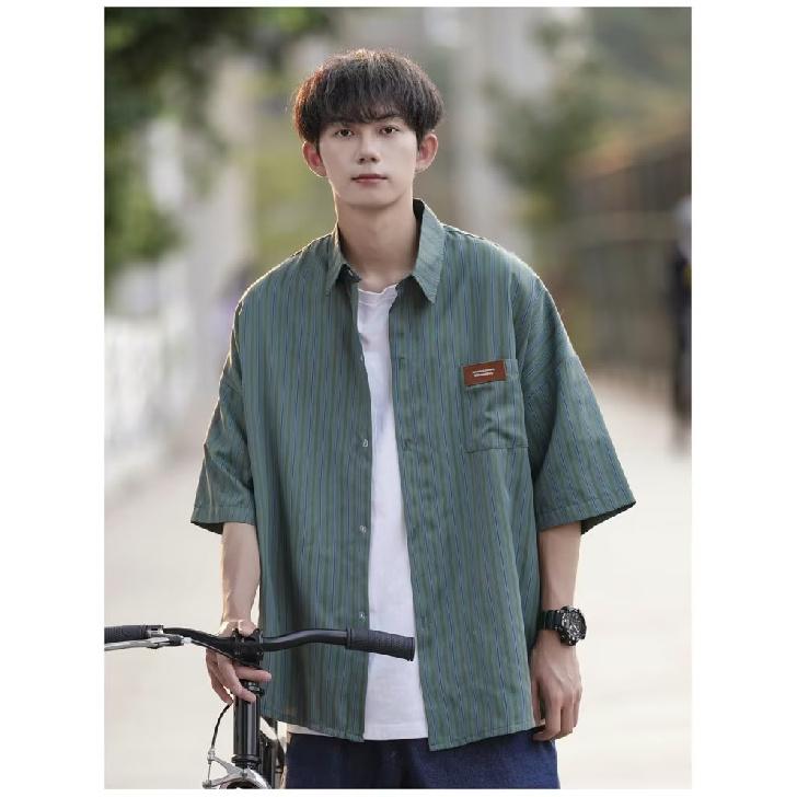 

Весна-лето Мужская полосатая рубашка с отложным воротником и коротким рукавом, дышащая, для деловых поездок 3XL зелёный