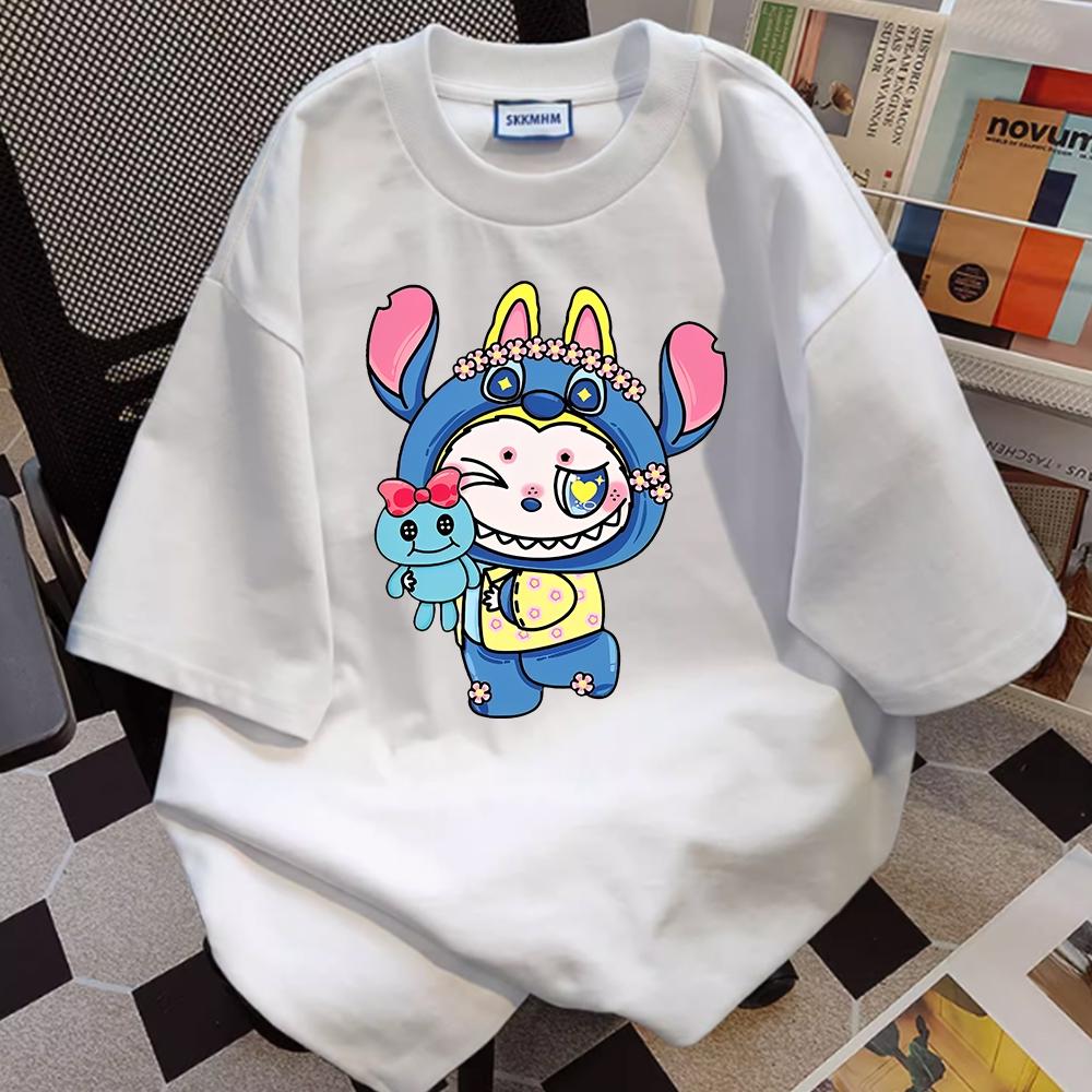 New LABUBU Cartoon Print Short Sleeved T-shirt Women's Round Neck Top Cute Loose Casual Fashion Daily