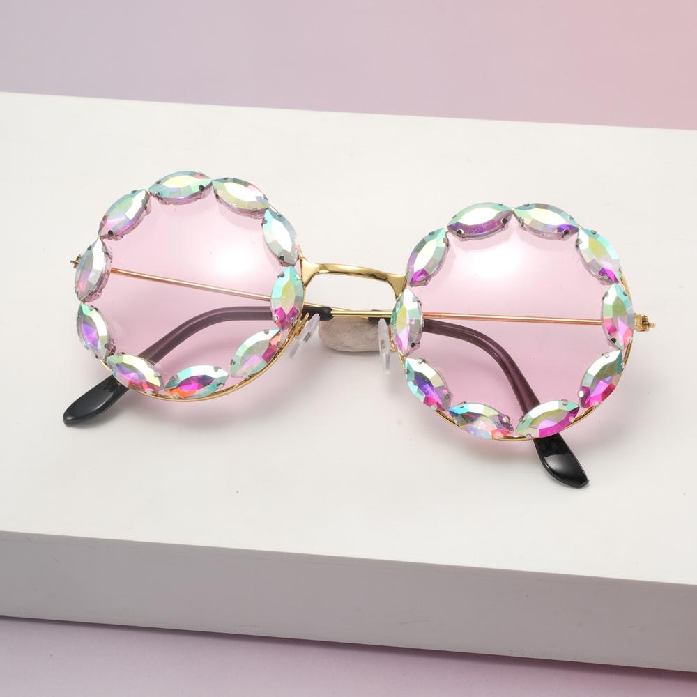 Colorful Crystal Embellished Round Sunglasses for Women Glamorous Vintage Female Style Sun Glasses KJ020