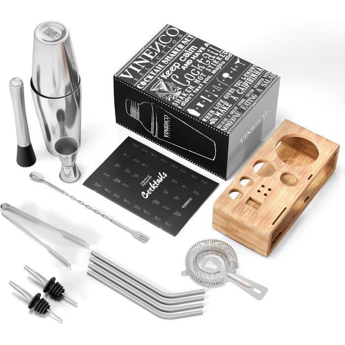 Kit cocktail - vinenco - shaker boston 750 ml - 10 pezzi - acciaio inox spazzolato - elegante cofanetto regalo