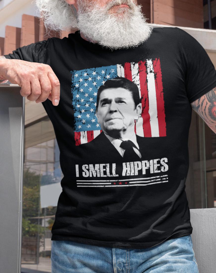 Mens I Smell Hippies T-Shirt Mens Womens Tees Top Ronald Reagan USA President Funny Political T Shirt Mens Womens Tees Top 4XL