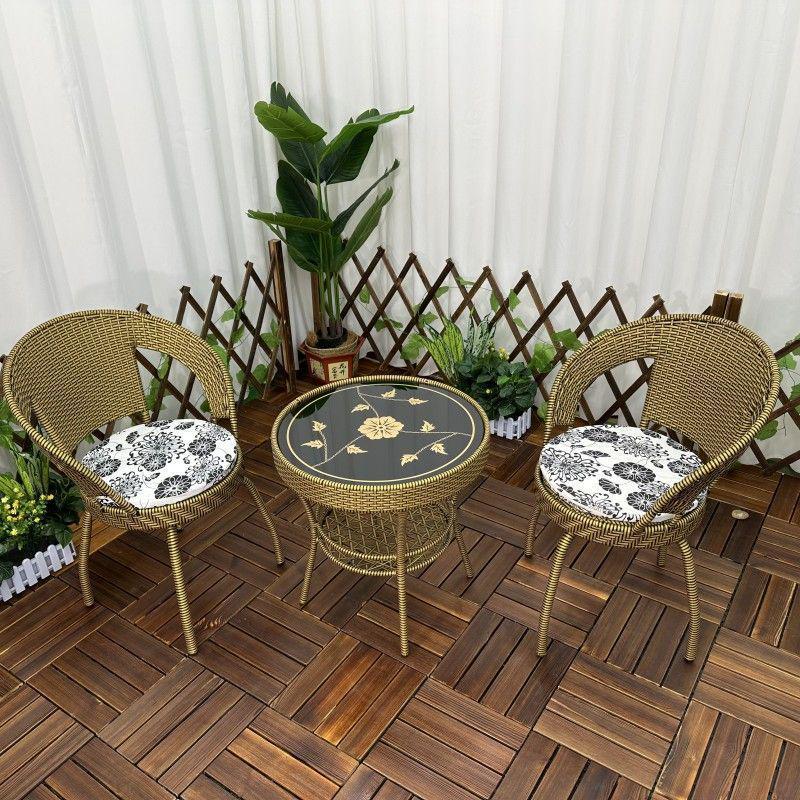 Three-Piece Chinese Style Rattan Table and Chair Set - Indoor Balcony Swivel Chair, Durable Round Five-Piece Swivel Design
