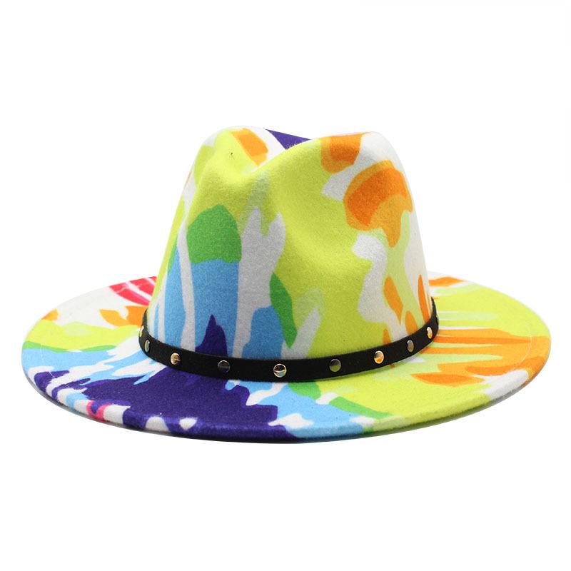 2021 Graffiti Print Big Brim Woolen Felt Hat Men'S And Women'S Top Hats Jazz Hat Felt Hat