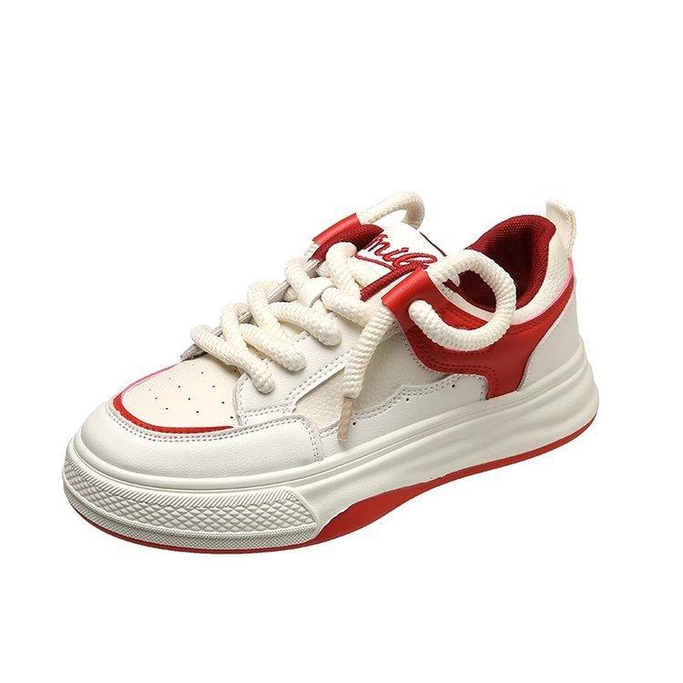 Women's White Shoes New Spring Thick-Soled Women's Shoes Round Toe Leather Facing Shoes Women's Ins Fashion Casual Sports Skate Shoes