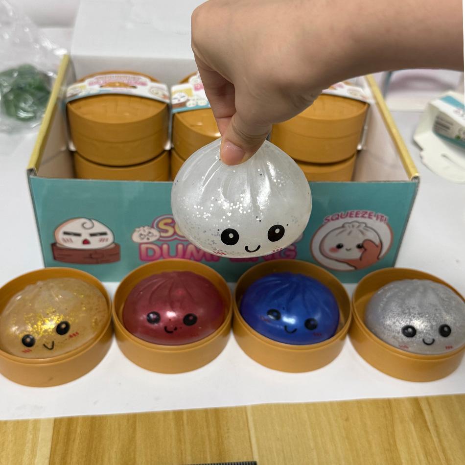 Cute Glitter Dumplings Squishy Toy With Steamer Soft Slow Resilience Toys Stress Relief Sensory Ball Sparkling Relaxation Tool