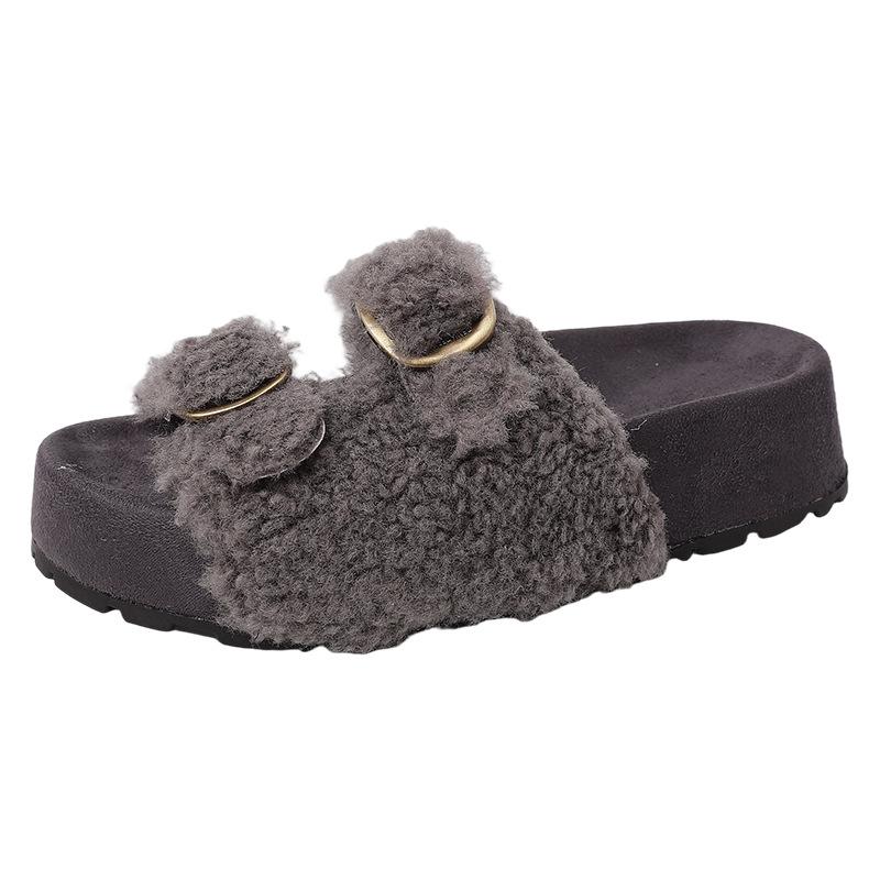 Piaohong versatile retro style buckle one-word fluffy slippers women's 2025 autumn and winter new outer wear home open-toed cotton shoes