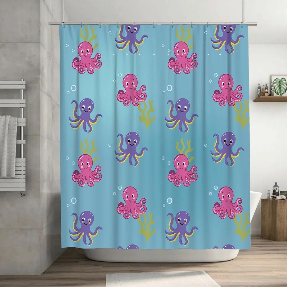 Octopus Bath Shower Curtain Kids Cartoon Blue Bathroom Decor Waterproof Washable Home Decoration