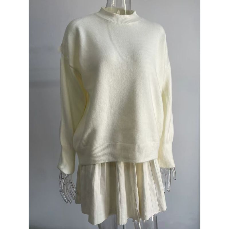 

Fashion Pure Color Crew Neck Knitting Sweater Skirt Outfit Knitted Sweater Short Skirt Set Ivory White All yards