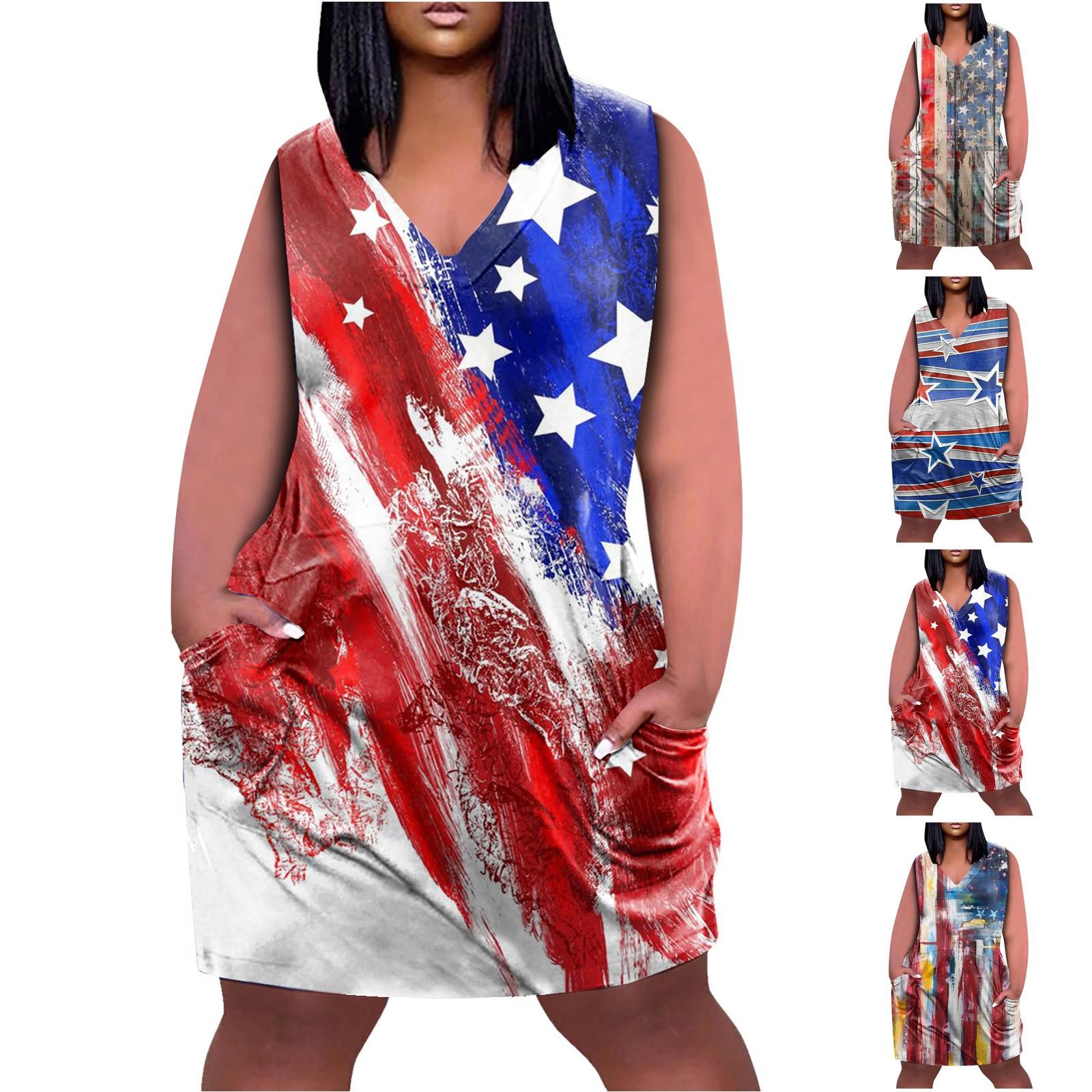 

(Бризанд) Летнее платье больших размеров с V-образным вырезом без рукавов и карманом на коленях, повседневное платье с принтом ко Дню независимости для женщин