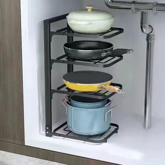 Multi-Layer Pot Storage Rack Strong Load-bearing Hollow Design Adjustable Cabinet Under-Sink Pan Rack Cookware Holder