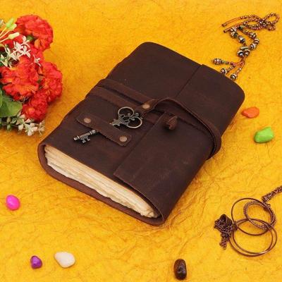 Leather Writing Notebook Off White Paper Diary with a Decorative Key for Men and Women and Gift Diary In Brown Color