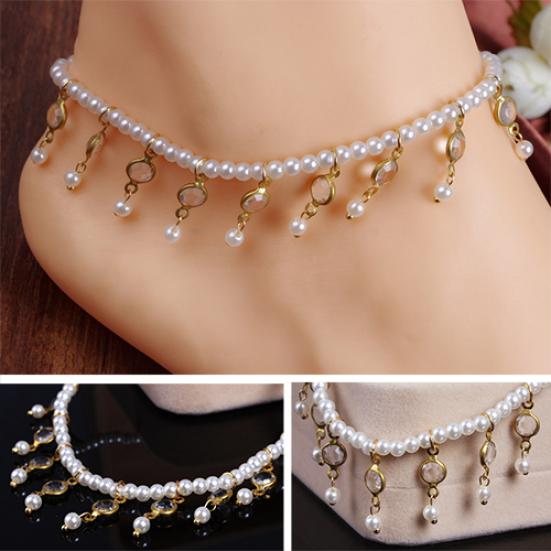 Women's Faux Pearl Rhinestone Anklet Bracelet Tassels Barefoot Ankle Foot Jewelry