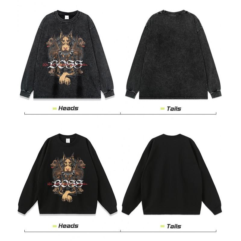 Oversized Streetwear Dog Print Hoodie Unisex Heavyweight Cotton Long Sleeve Pullover Winter Casual Wear