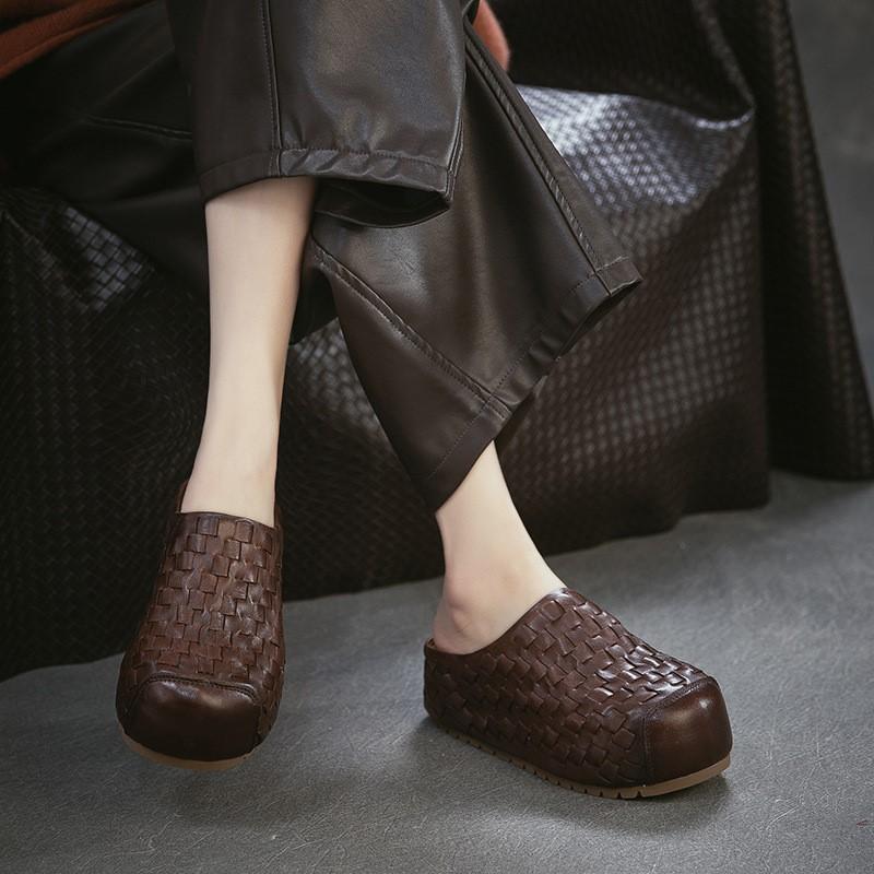 Johnature Handmade Woven Round Toe Outdoor Platform Slippers Genuine Leather Versatile Women's Shoes