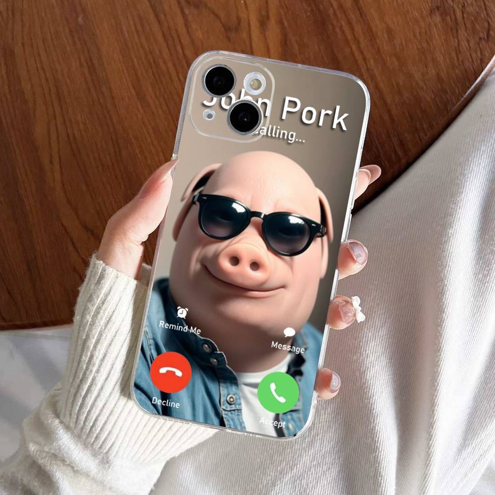 John Pork is Calling Answer Call Phone Case For iPhone 17 16 15 14 13 11 12 Pro Max Mini Plus Shockproof Transparent Soft TPU