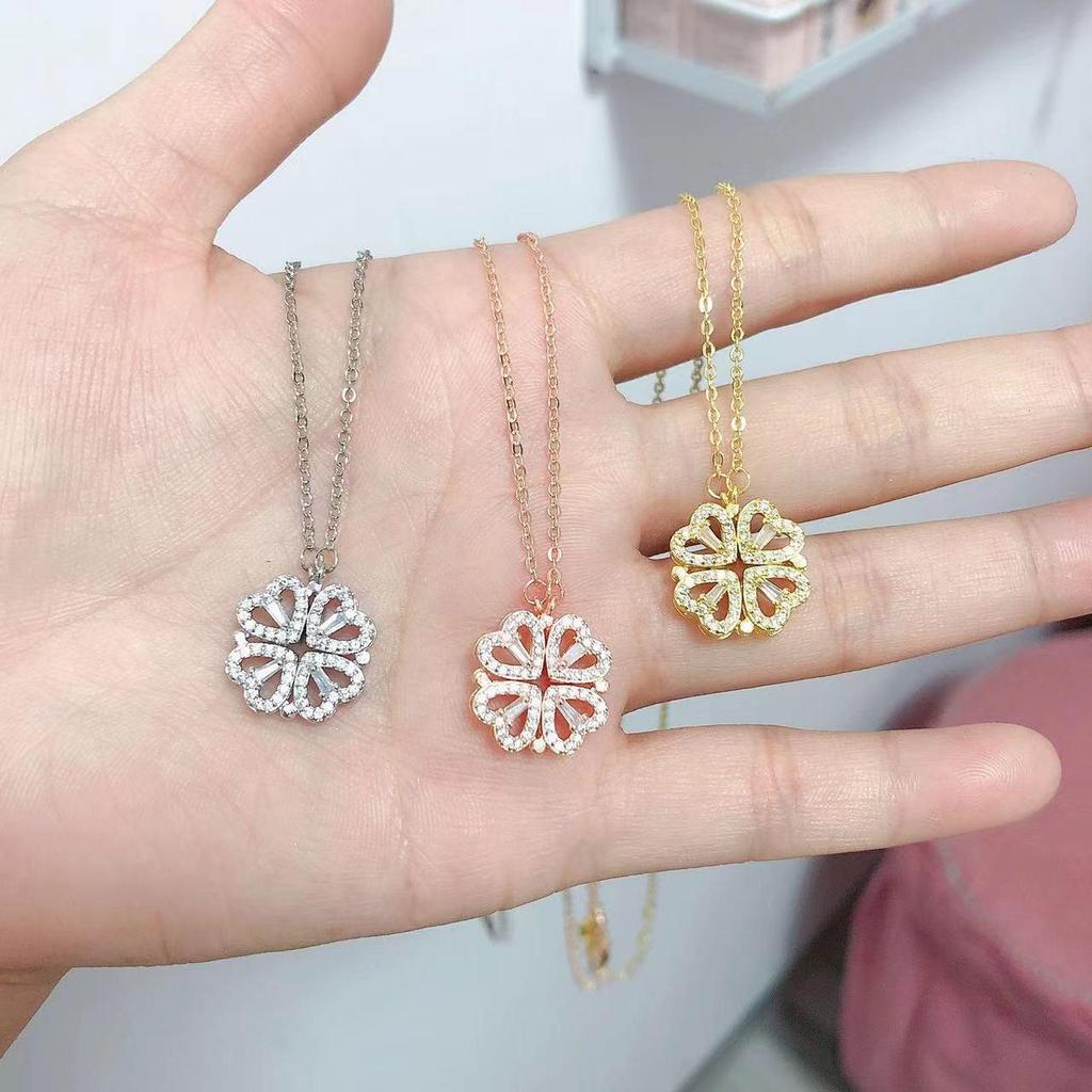 Four-Leaf Clover Multi-Wear Folding Clavicle Necklace with Full Diamond Love Design